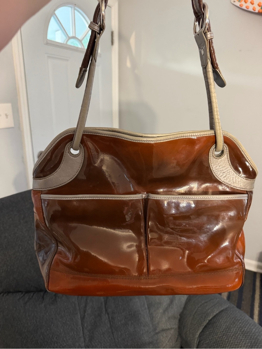 Women's Brown/Orange Patent Tote Bag with Silver Trim